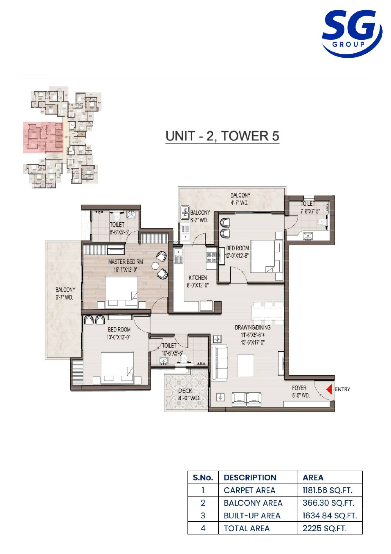 Original 3 BHK layout for Tower 5 Unit 2, total area 2,225 sq. ft.; carpet area 1,181.56 sq. ft.